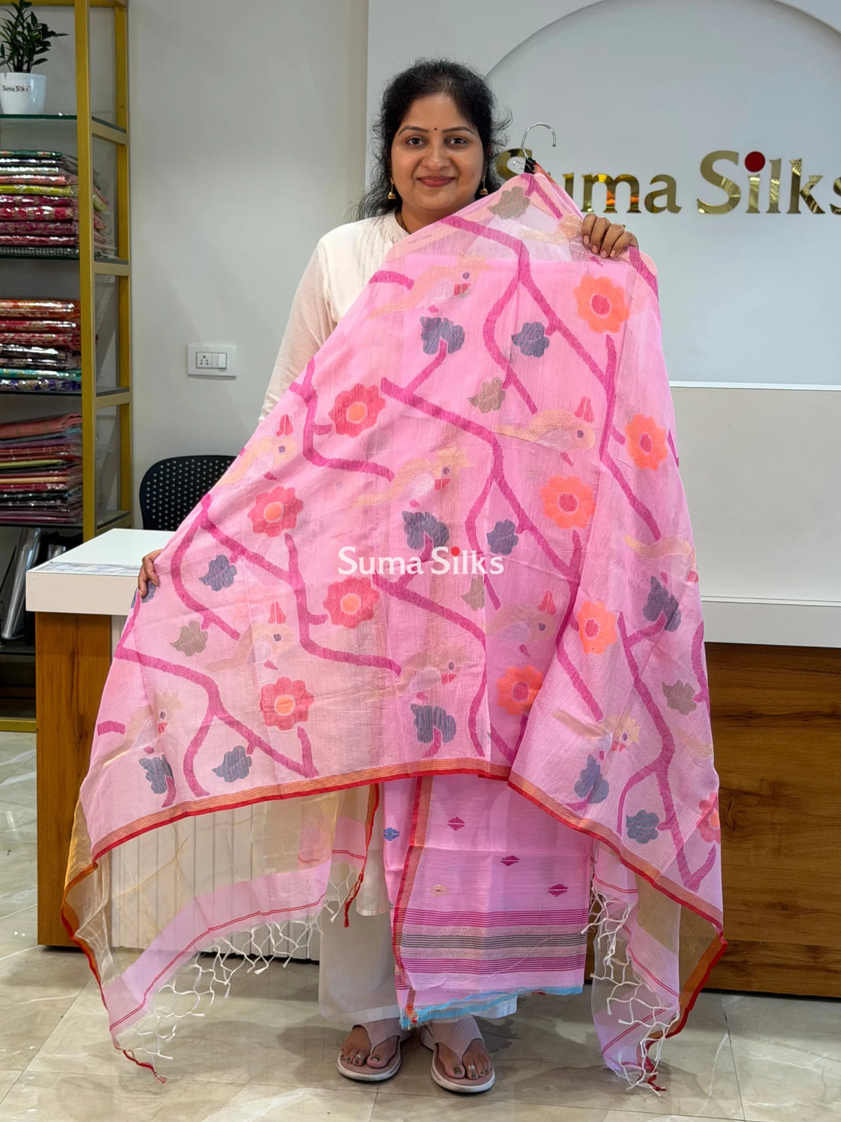 Muslin Jamdani Allover Diamnod Motifs Top with Birds Dupatta Baby Pink