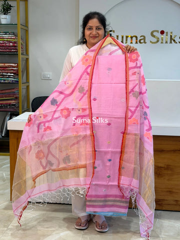 Muslin Jamdani Allover Diamnod Motifs Top with Birds Dupatta Baby Pink