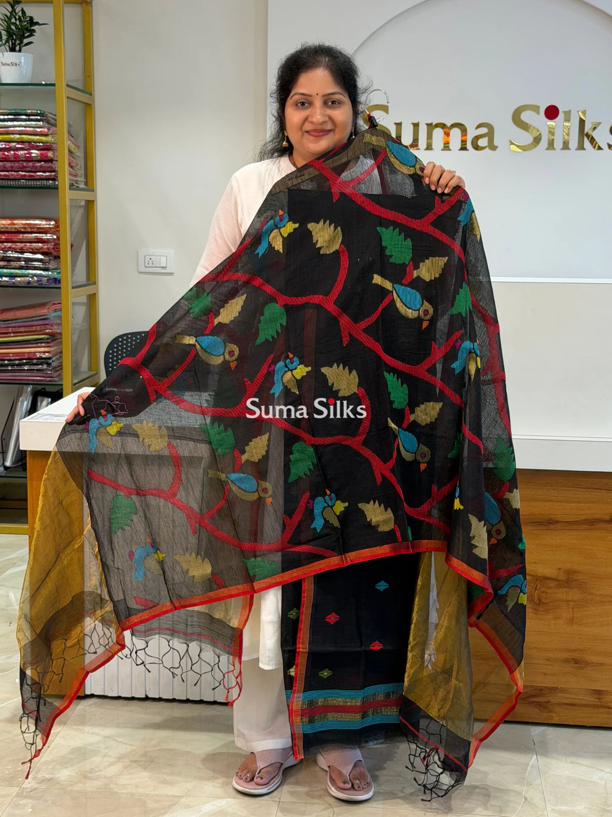 Muslin Jamdani Allover Diamnod Motifs Top with Birds Dupatta Black