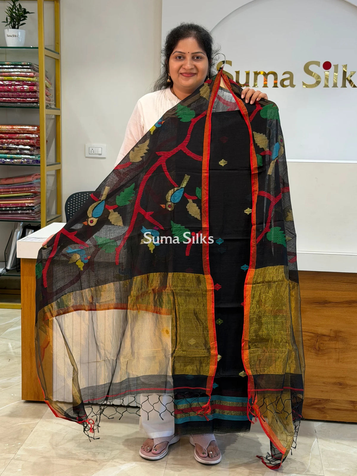 Muslin Jamdani Allover Diamnod Motifs Top with Birds Dupatta Black