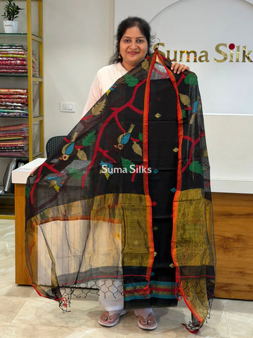 Muslin Jamdani Allover Diamnod Motifs Top with Birds Dupatta Black