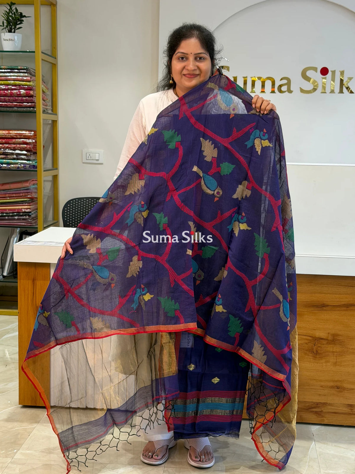 Muslin Jamdani Allover Diamnod Motifs Top with Birds Dupatta Ink Blue