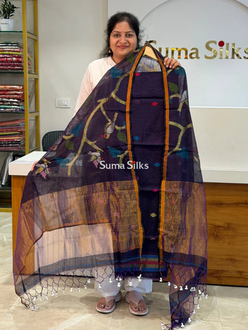 Muslin Jamdani Allover Diamnod Motifs Top with Birds Dupatta Jammun Color