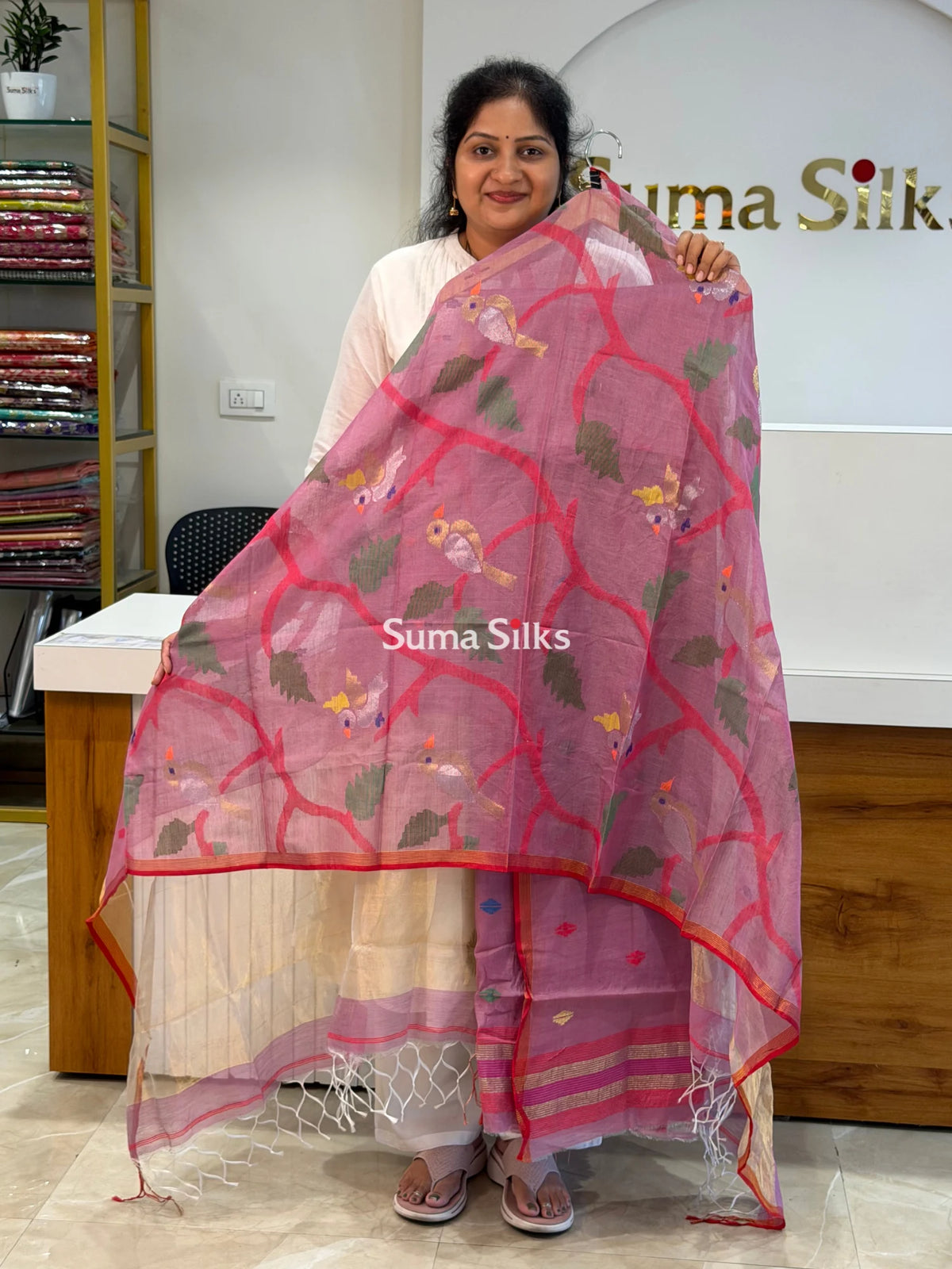Muslin Jamdani Allover Diamnod Motifs Top with Birds Dupatta Onion