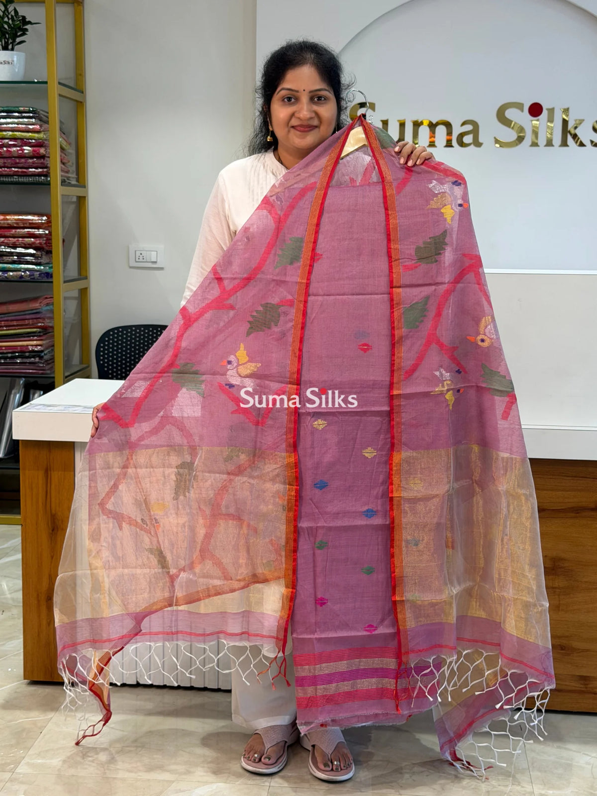 Muslin Jamdani Allover Diamnod Motifs Top with Birds Dupatta Onion
