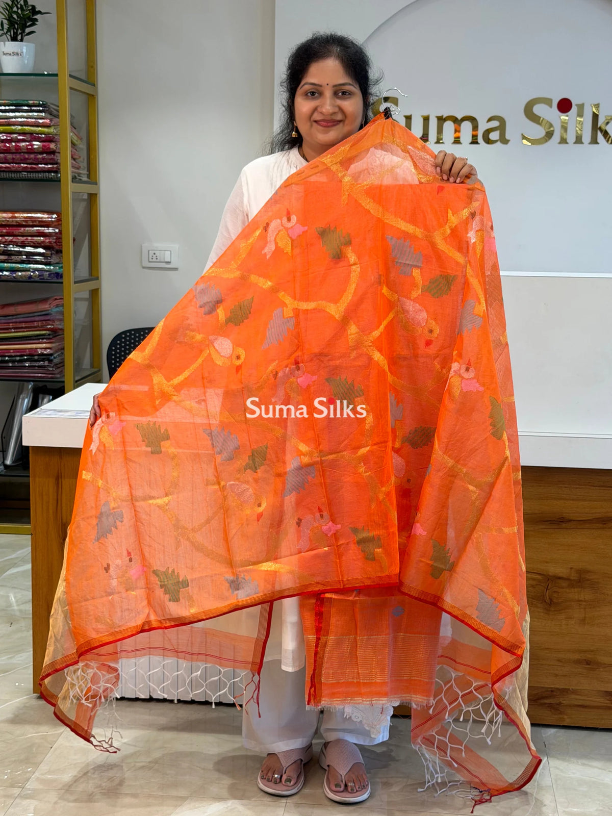 Muslin Jamdani Allover Diamnod Motifs Top with Birds Dupatta Orange