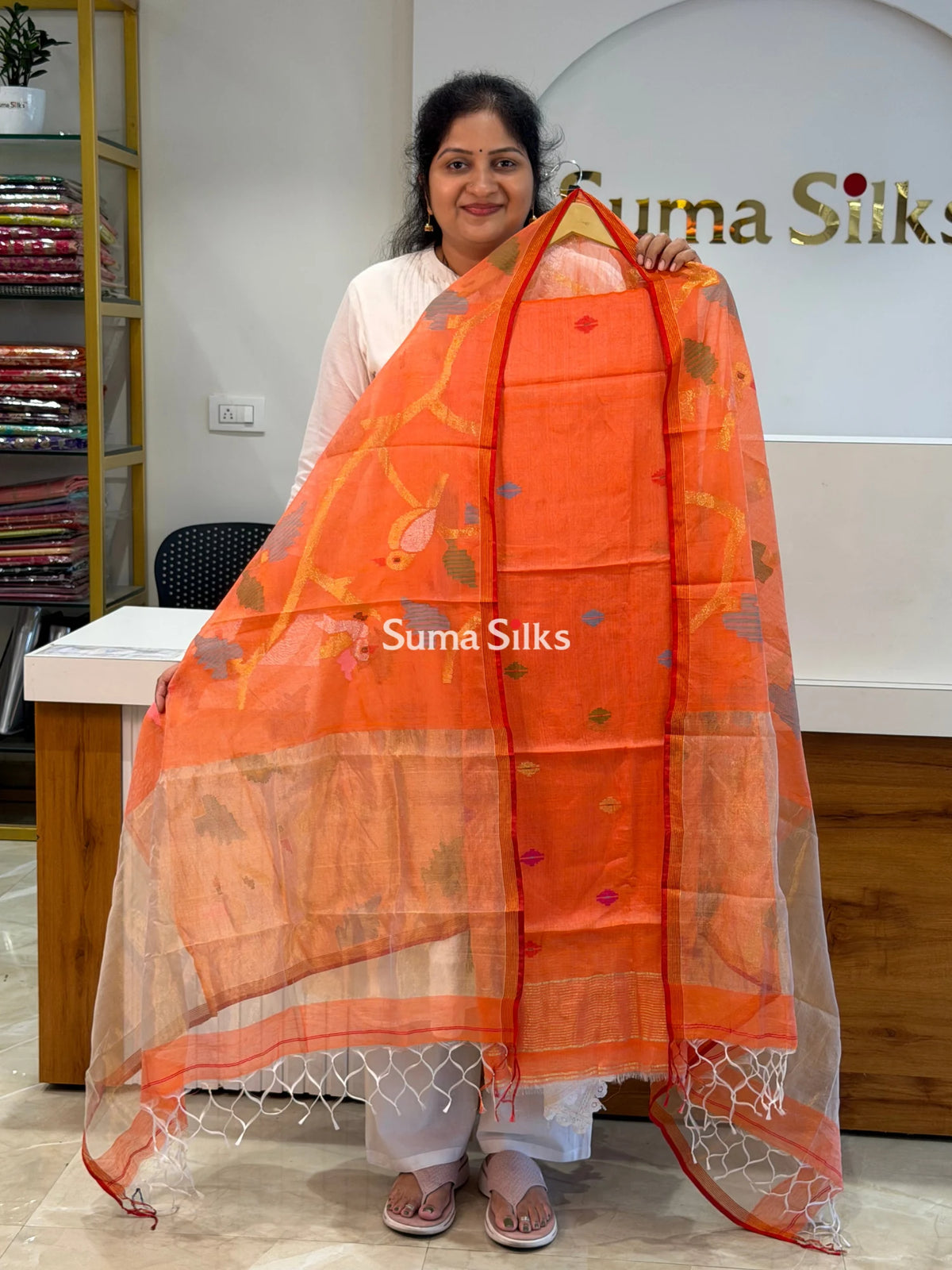 Muslin Jamdani Allover Diamnod Motifs Top with Birds Dupatta Orange