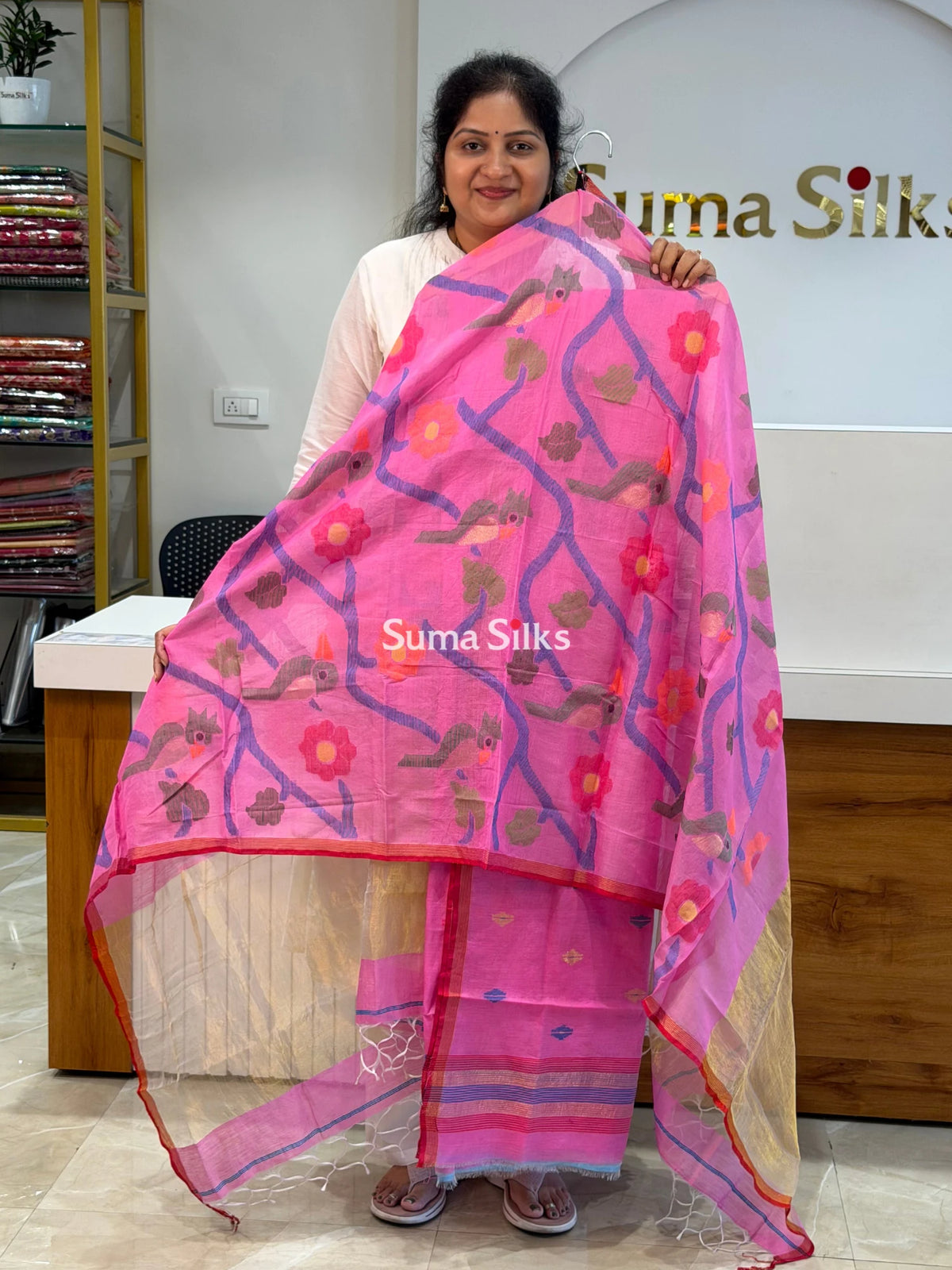Muslin Jamdani Allover Diamnod Motifs Top with Birds Dupatta Pink