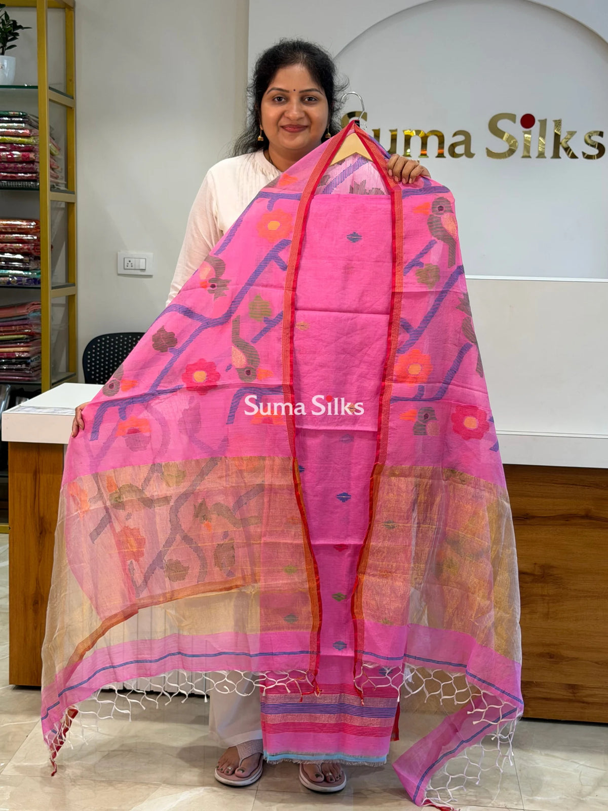 Muslin Jamdani Allover Diamnod Motifs Top with Birds Dupatta Pink