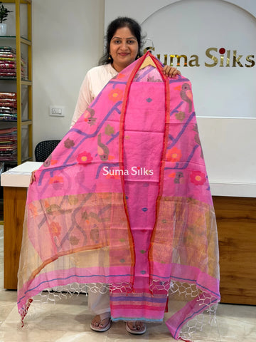 Muslin Jamdani Allover Diamnod Motifs Top with Birds Dupatta Pink