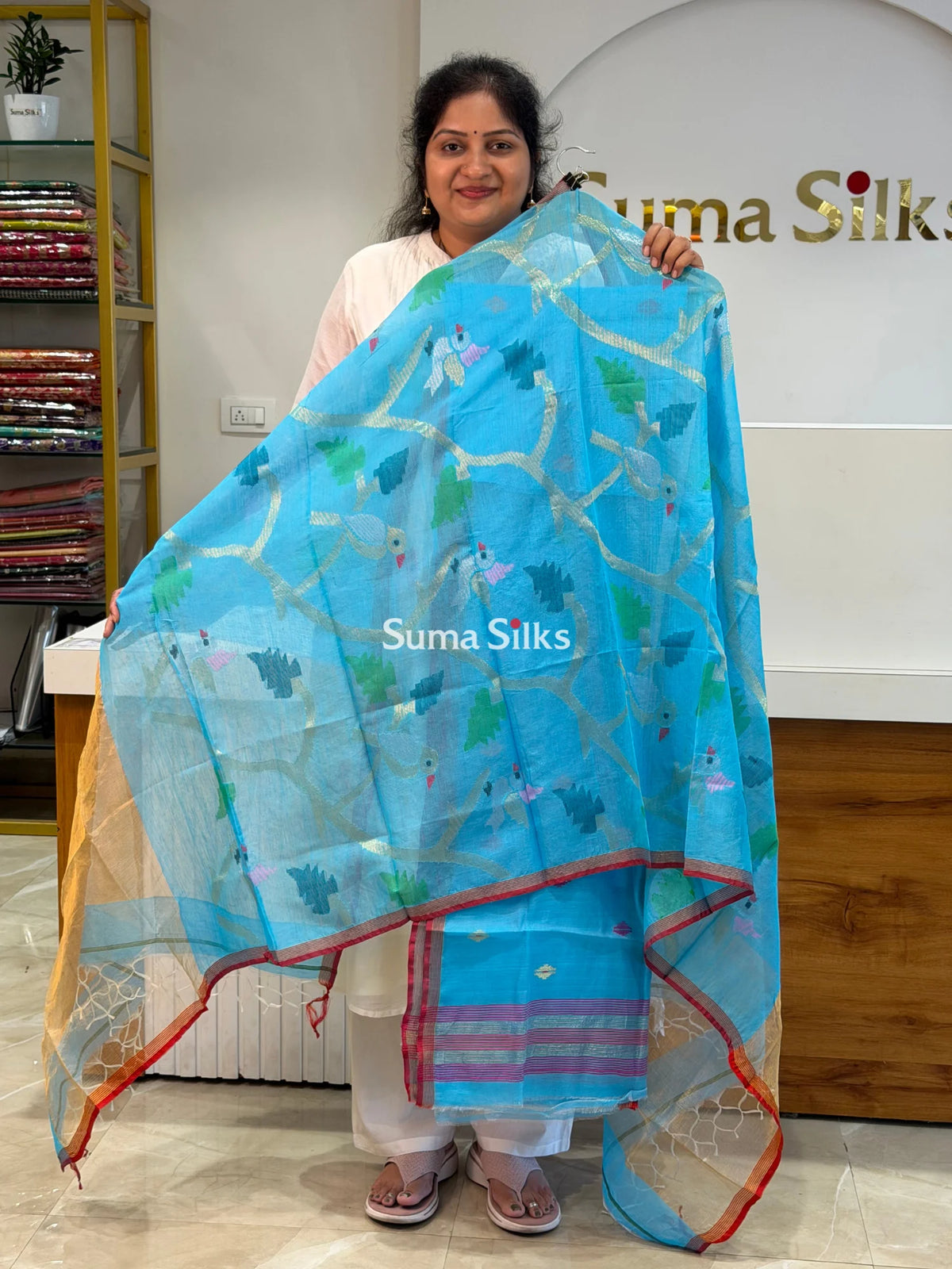 Muslin Jamdani Allover Diamnod Motifs Top with Birds Dupatta Sky Blue