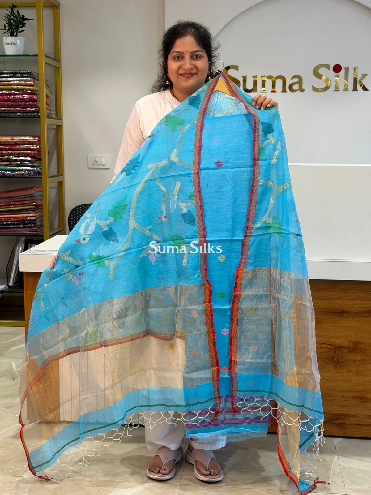 Muslin Jamdani Allover Diamnod Motifs Top with Birds Dupatta Sky Blue