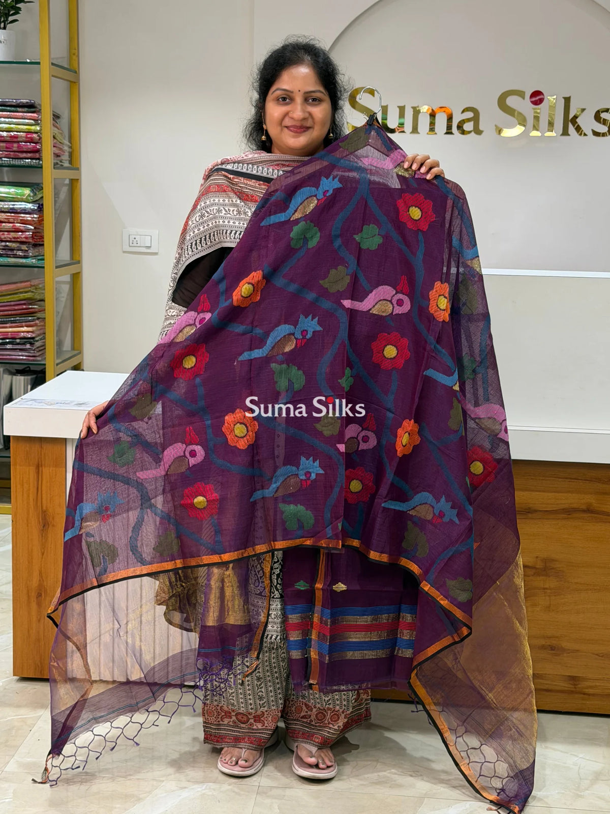Muslin Jamdani Allover Diamnod Motifs Top with Birds Dupatta Wine