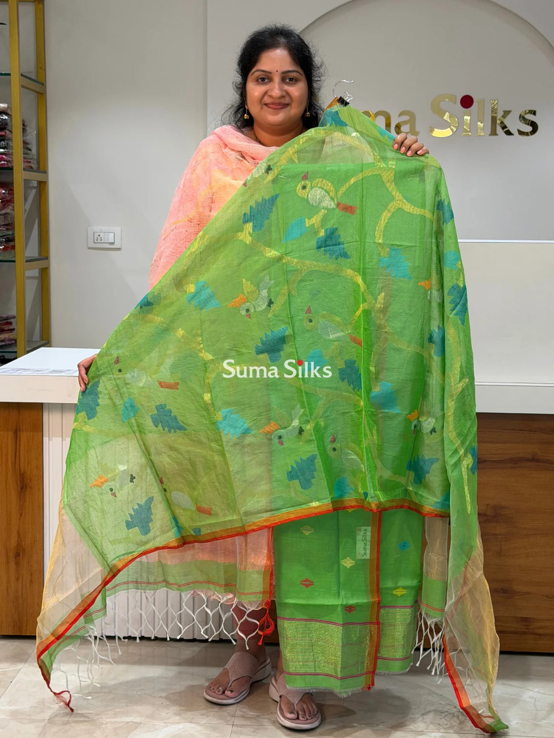 Muslin Jamdani Allover Diamond Design with Birds Dupatta Green Color