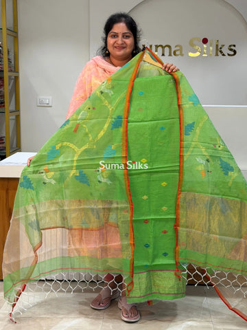 Muslin Jamdani Allover Diamond Design with Birds Dupatta Green Color