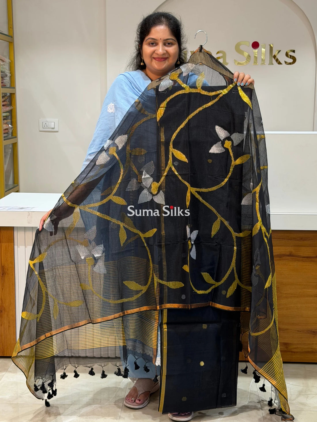 Muslin Jamdani Allover Dupatta Black Color
