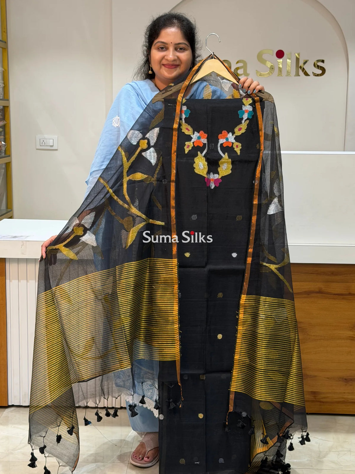 Muslin Jamdani Allover Dupatta Black Color