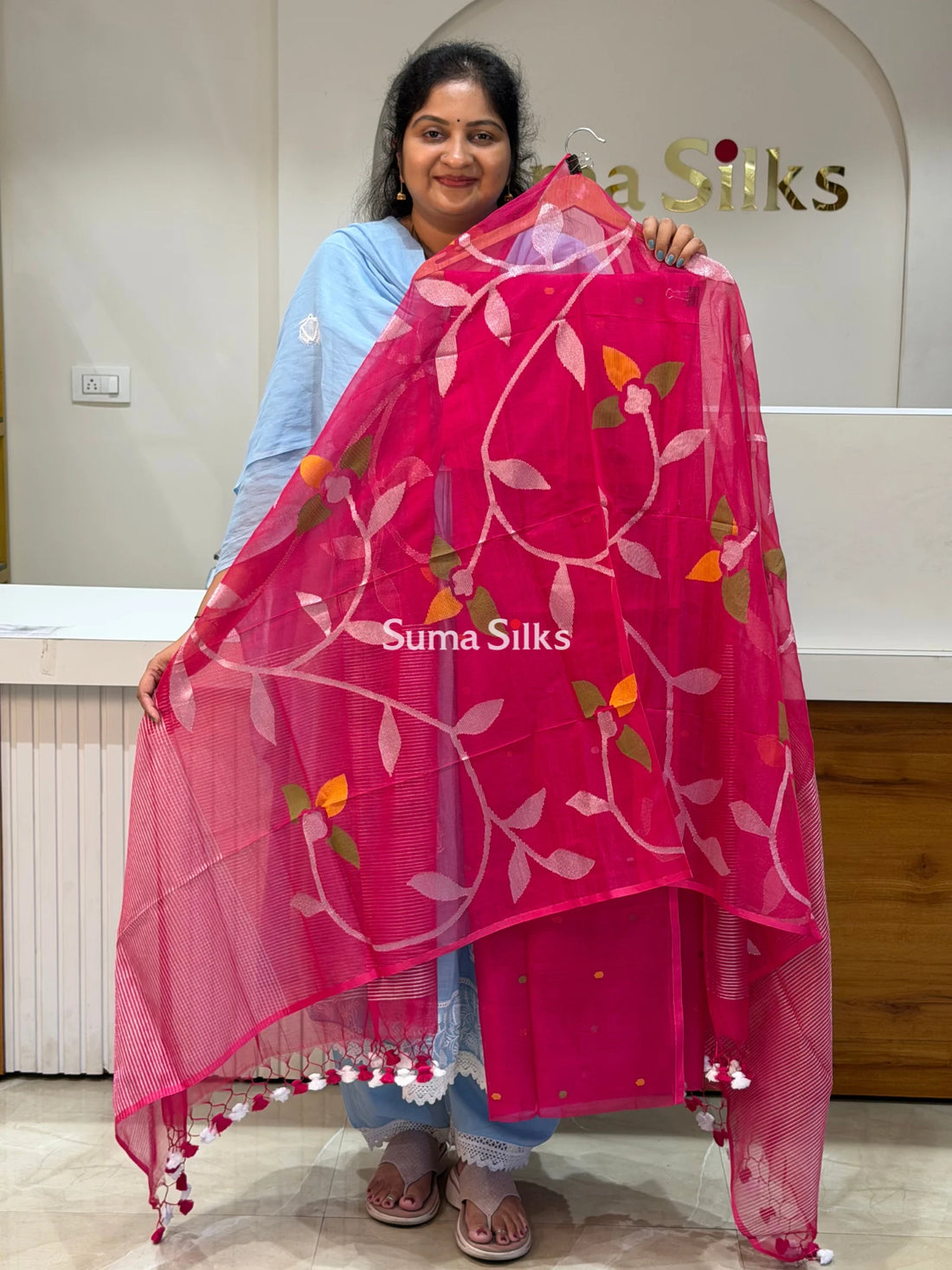 Muslin Jamdani Allover Dupatta Pink Color