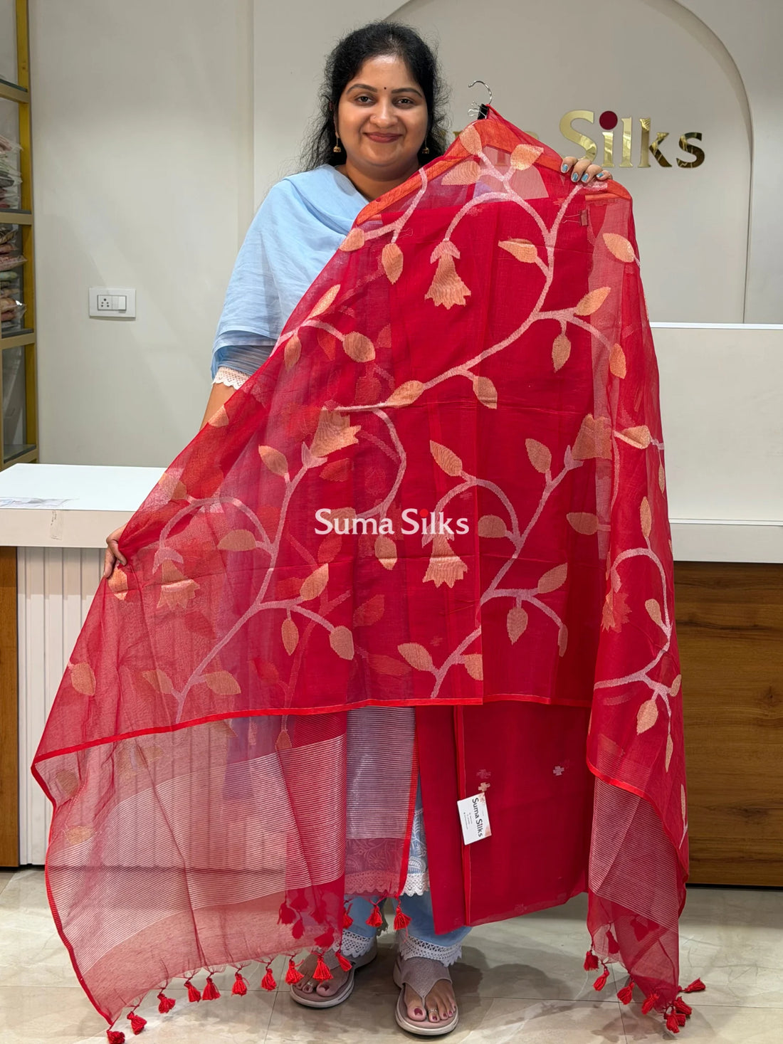 Muslin Jamdani Allover Dupatta Red Color