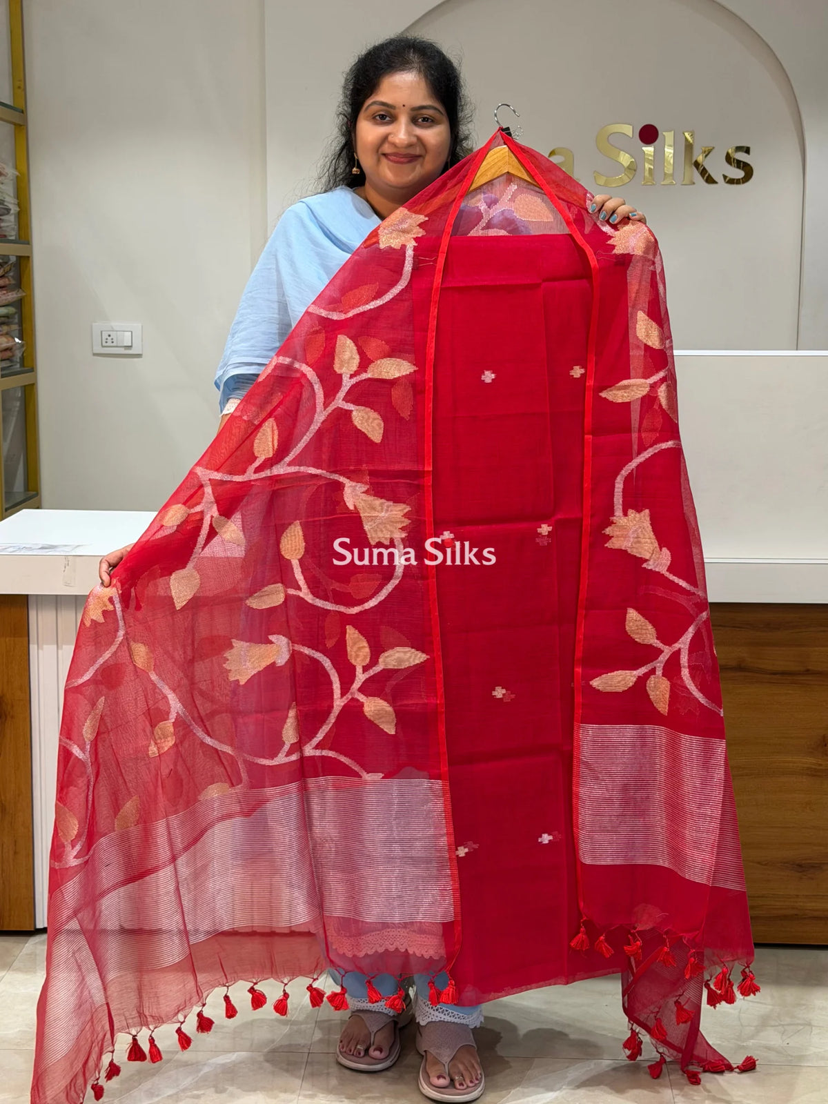 Muslin Jamdani Allover Dupatta Red Color