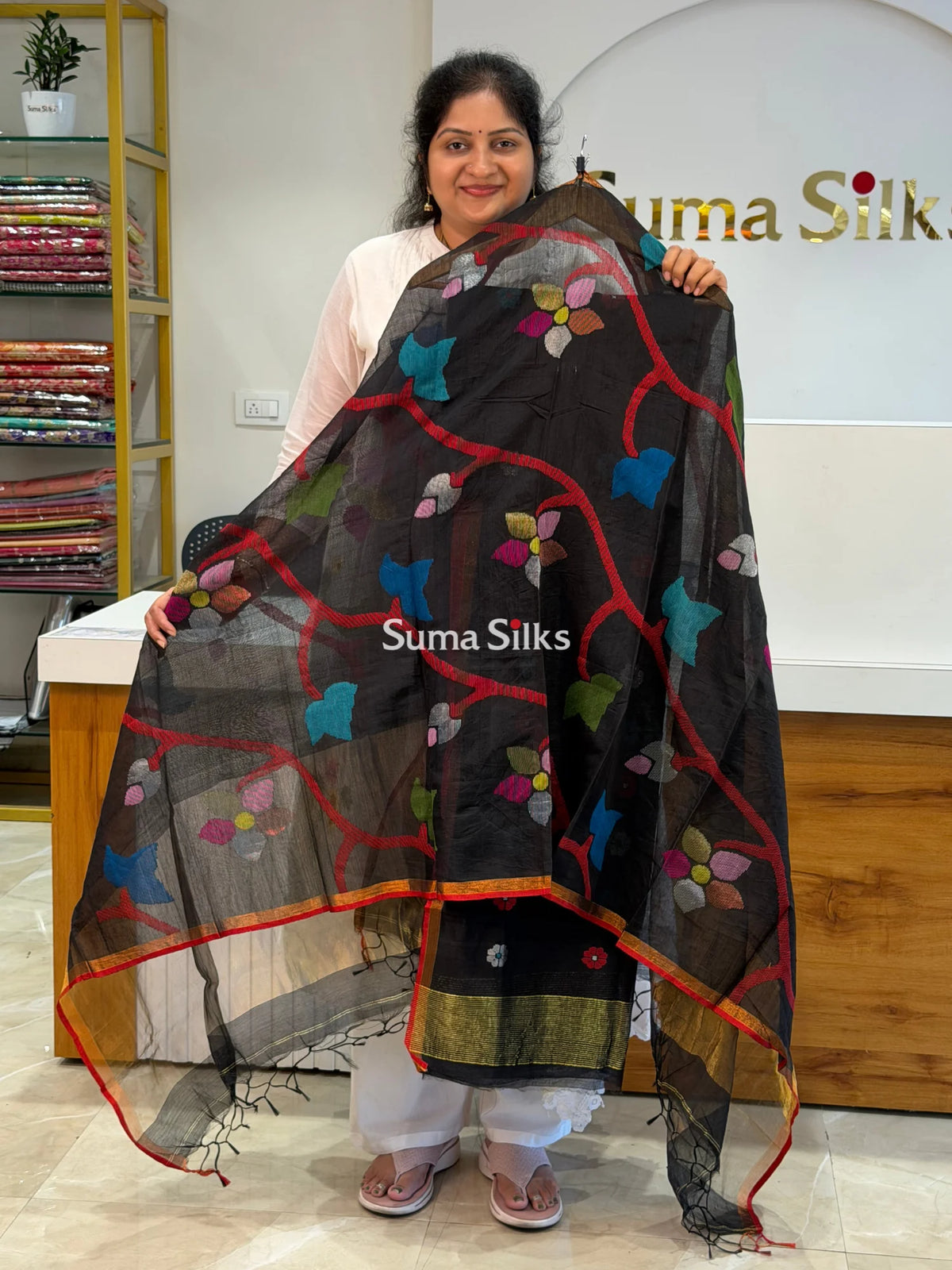 Muslin Jamdani Allover Floral Dupatta Black SSS1529-7