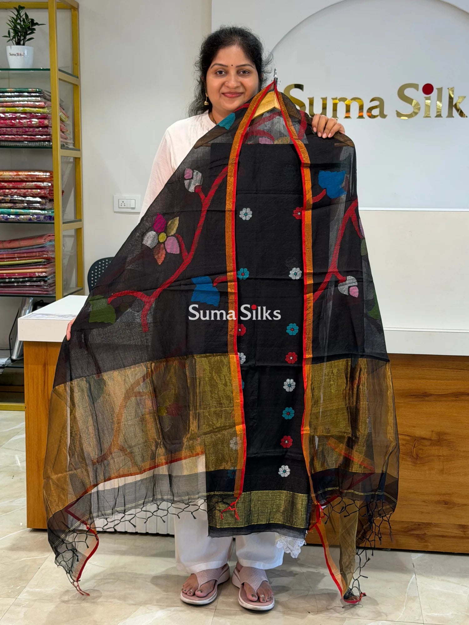 Muslin Jamdani Allover Floral Dupatta Black SSS1529-7