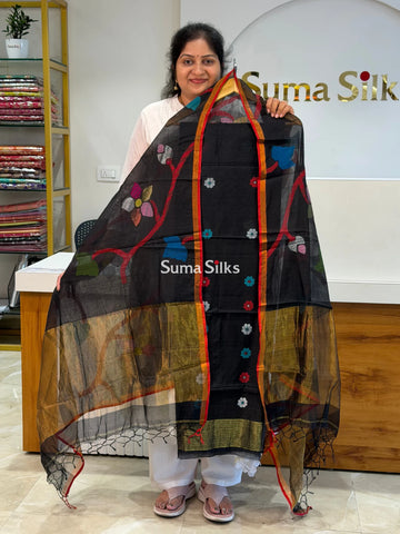 Muslin Jamdani Allover Floral Dupatta Black SSS1529-7