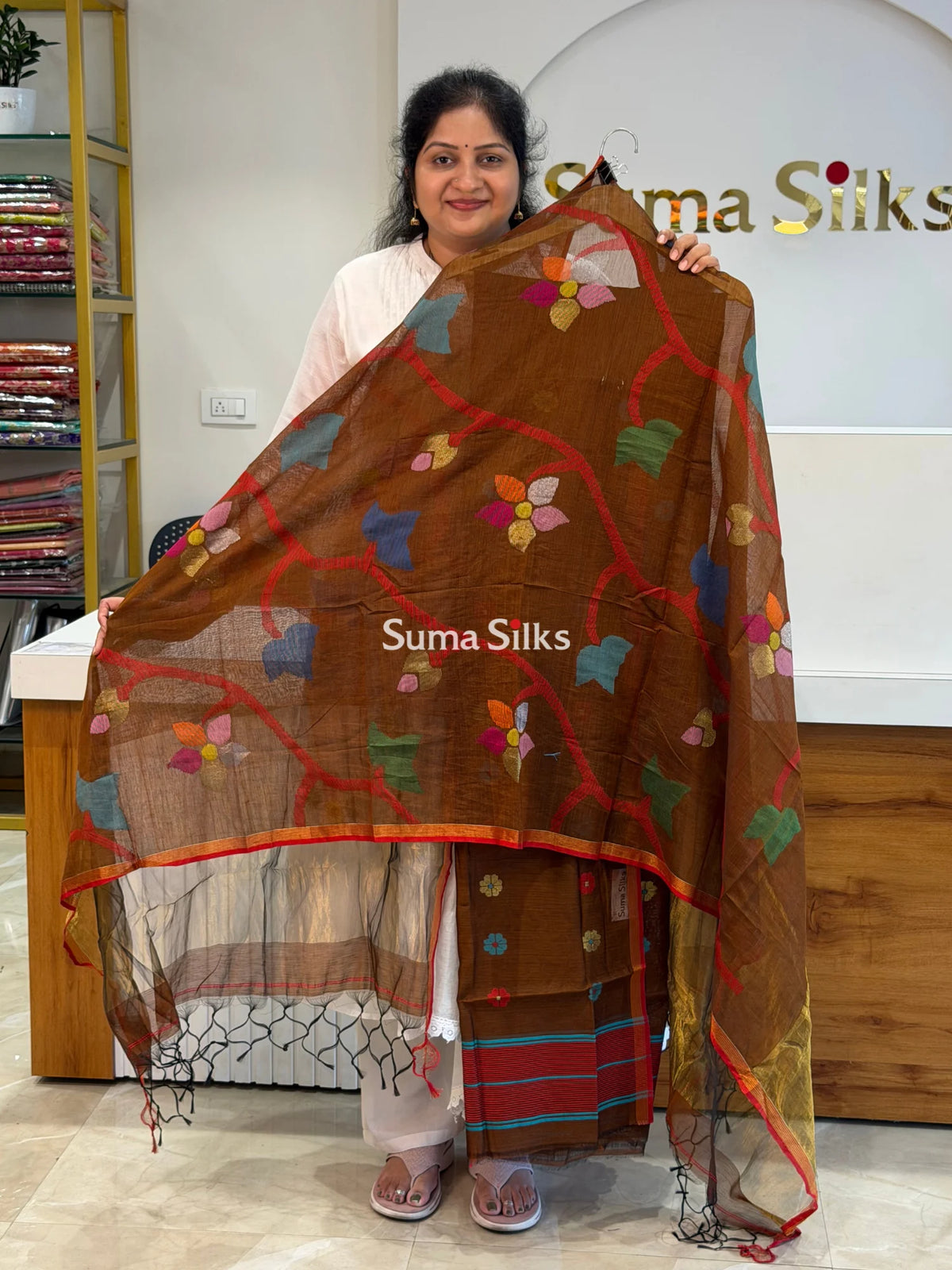 Muslin Jamdani Allover Floral Dupatta Brown SSS1529-16