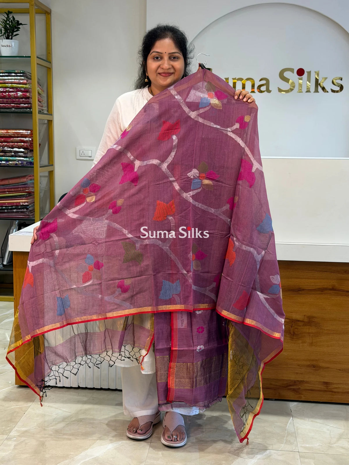 Muslin Jamdani Allover Floral Dupatta Dark Onion SSS1529-10
