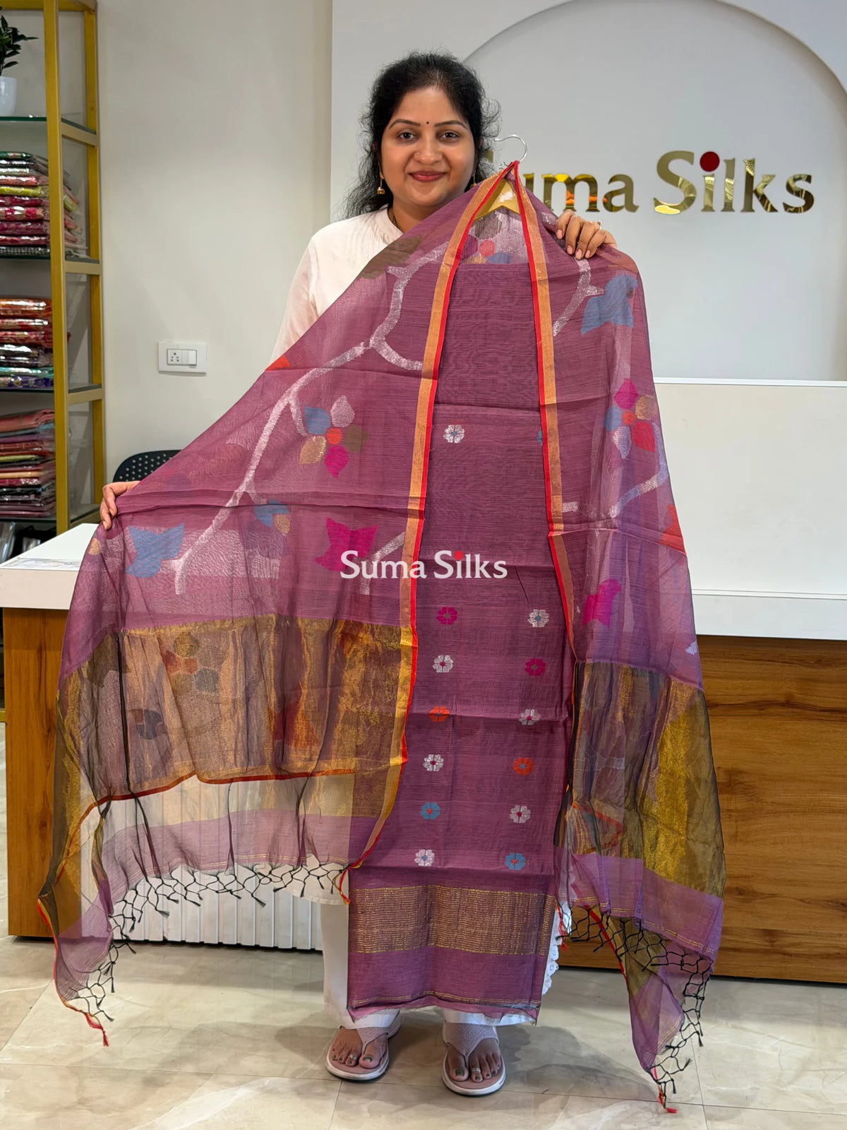 Muslin Jamdani Allover Floral Dupatta Dark Onion SSS1529-10