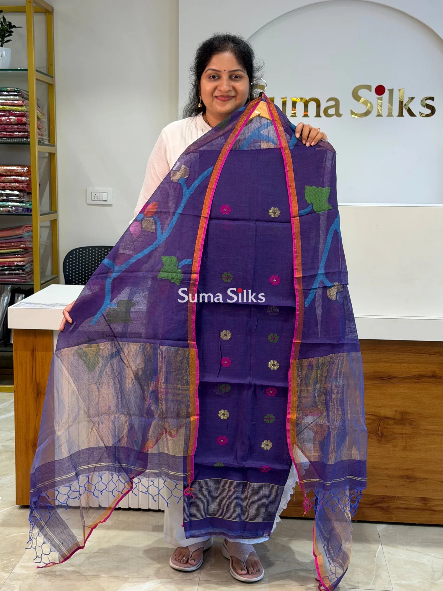 Muslin Jamdani Allover Floral Dupatta Ink Blue SSS1529-4