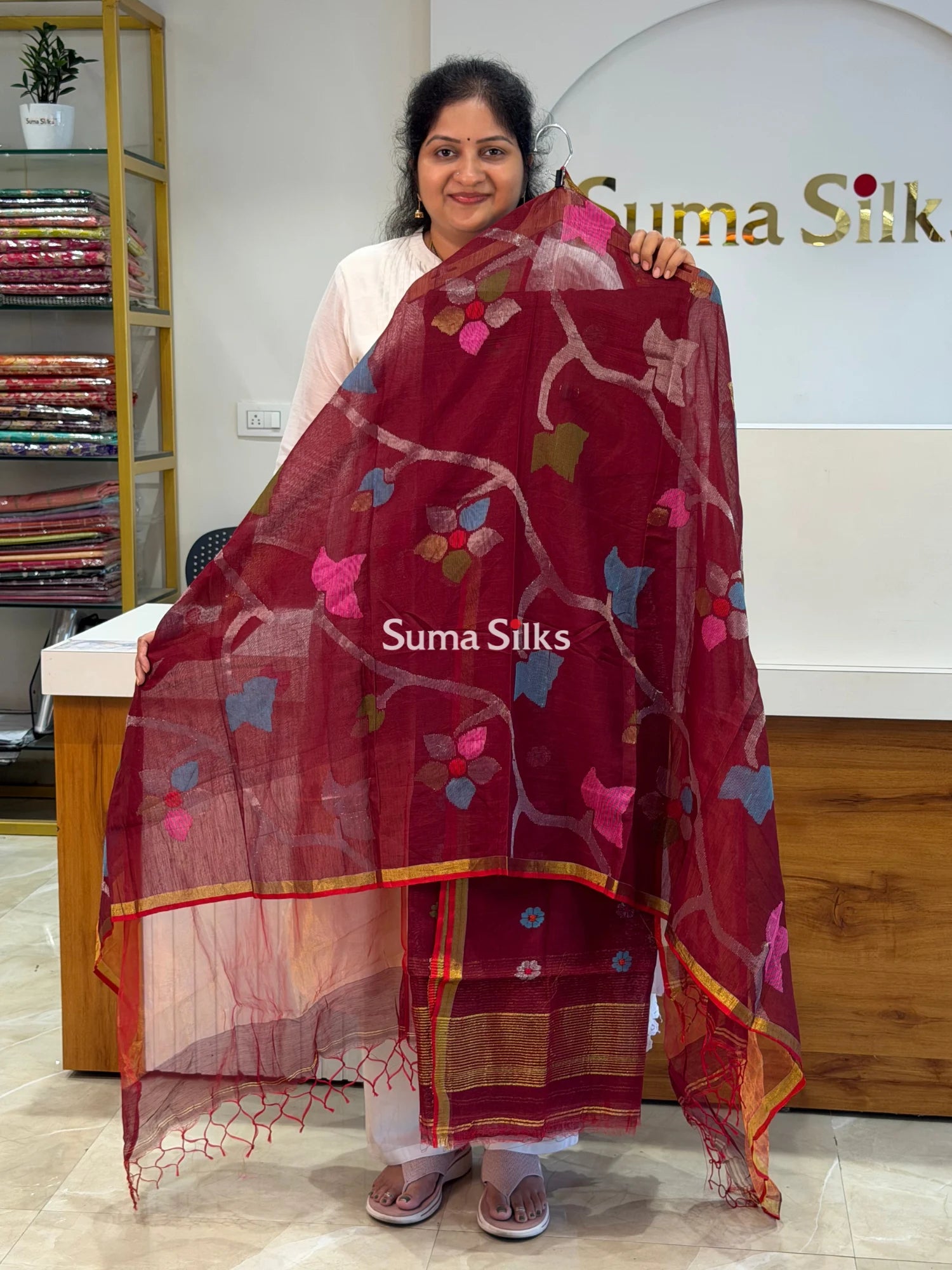 Muslin Jamdani Allover Floral Dupatta Maroon SSS1529-2