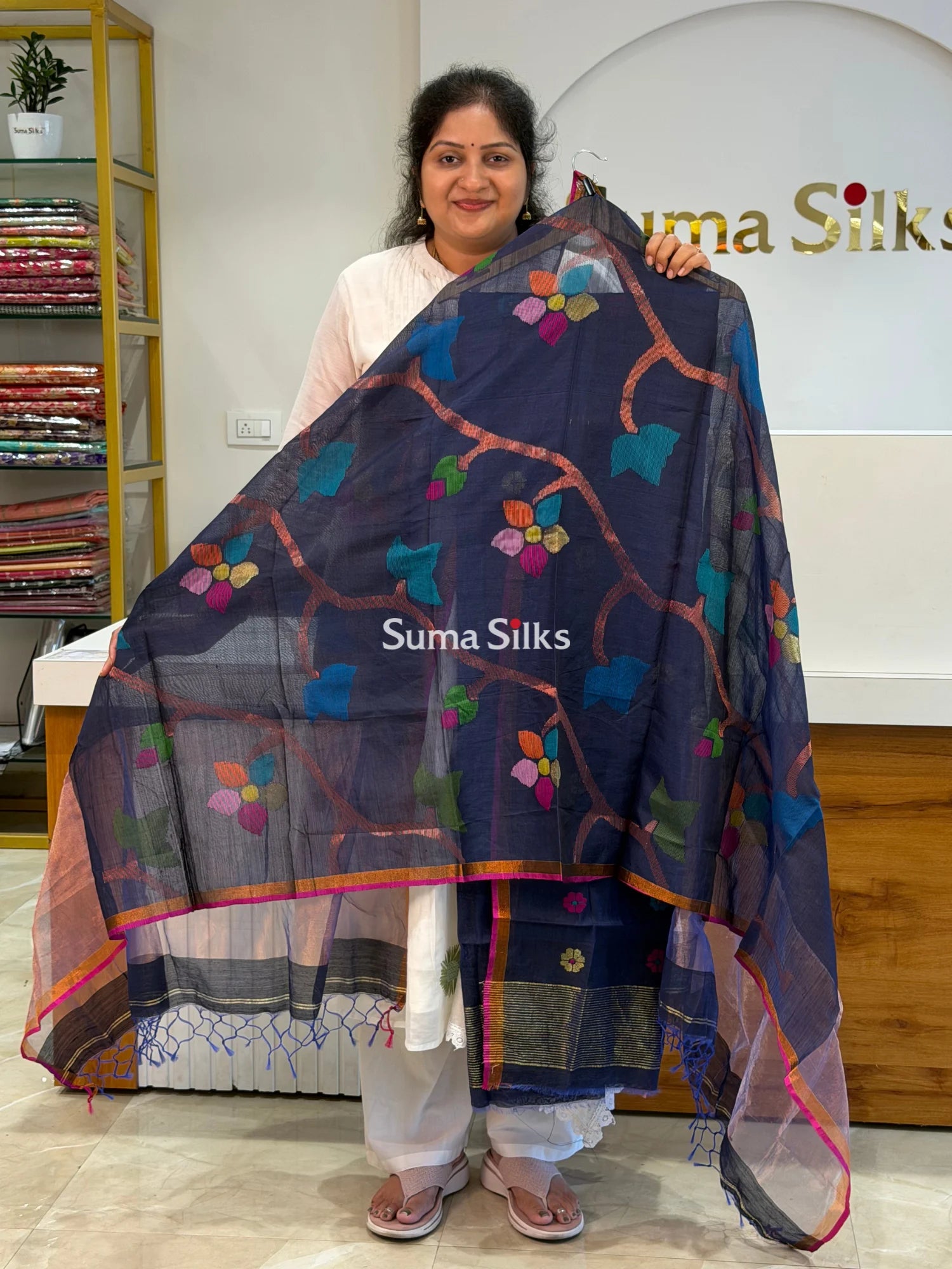 Muslin Jamdani Allover Floral Dupatta Navy SSS1529-15