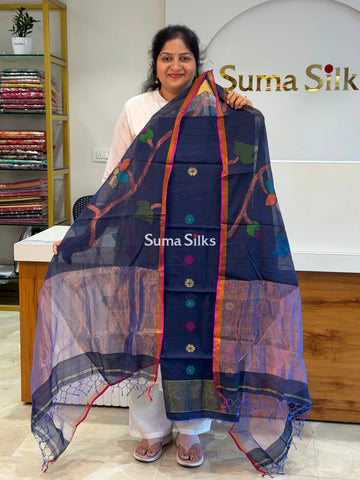 Muslin Jamdani Allover Floral Dupatta Navy SSS1529-15