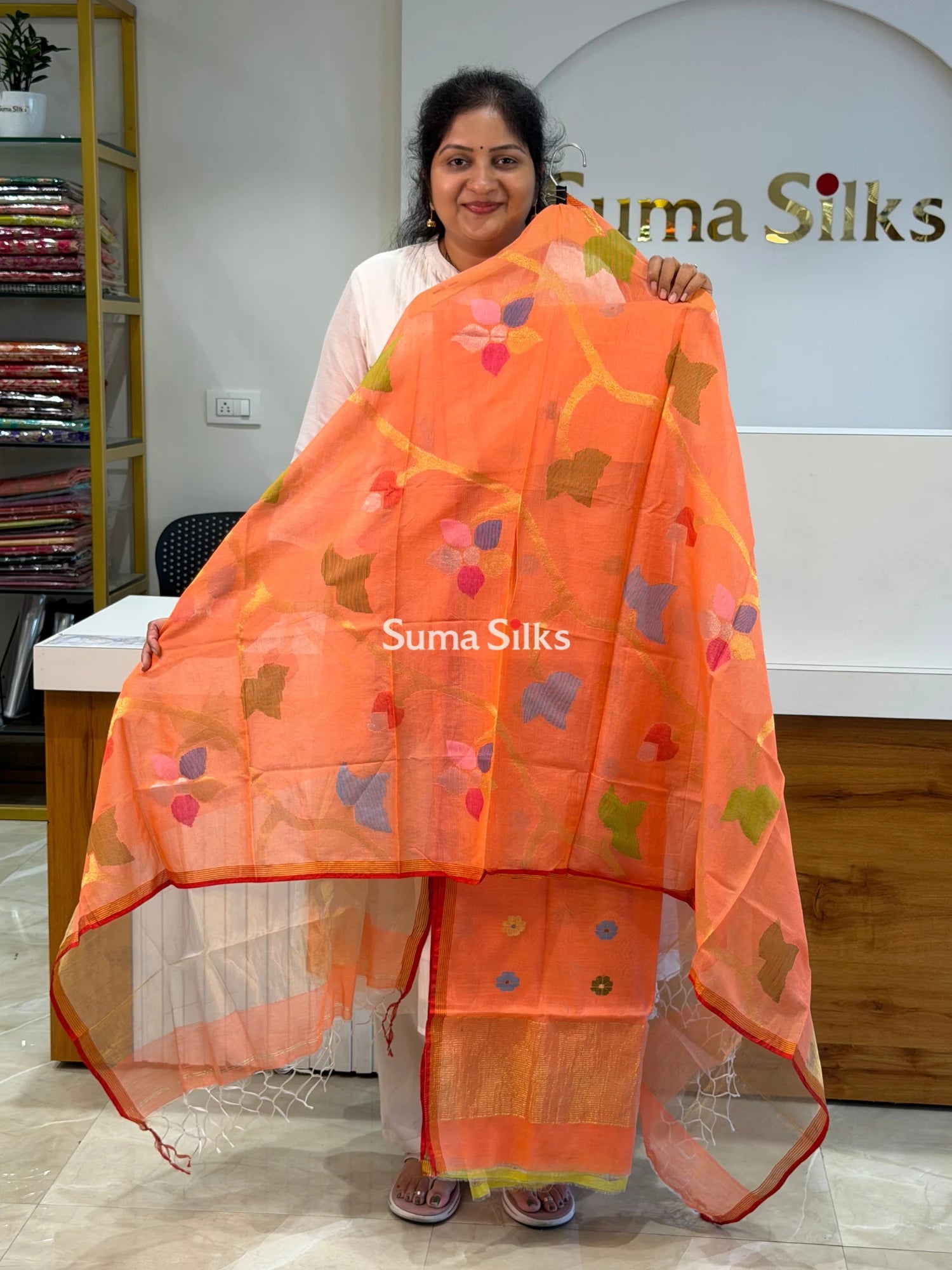 Muslin Jamdani Allover Floral Dupatta Orange SSS1529-11