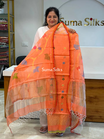 Muslin Jamdani Allover Floral Dupatta Orange SSS1529-11