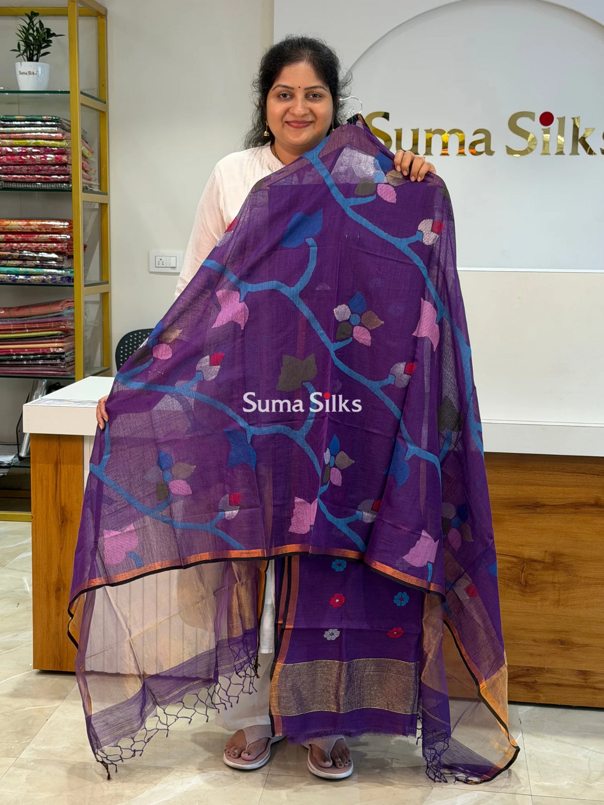 Muslin Jamdani Allover Floral Dupatta Purple SSS1529-3