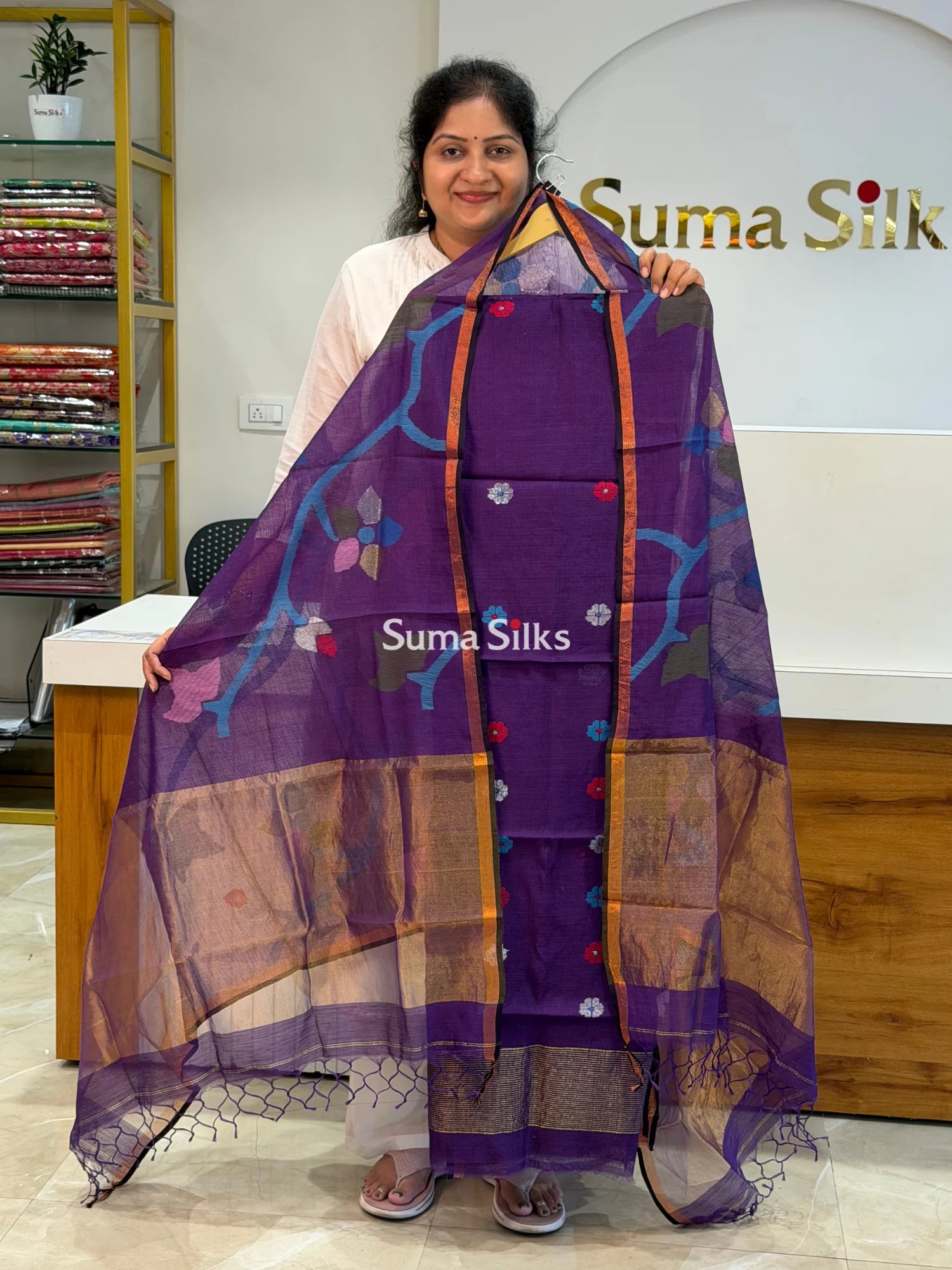 Muslin Jamdani Allover Floral Dupatta Purple SSS1529-3