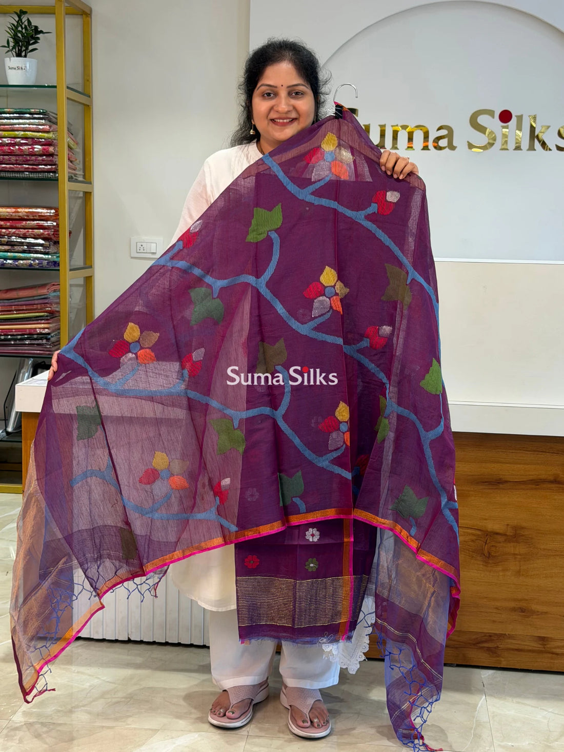 Muslin Jamdani Allover Floral Dupatta Purplish Wine