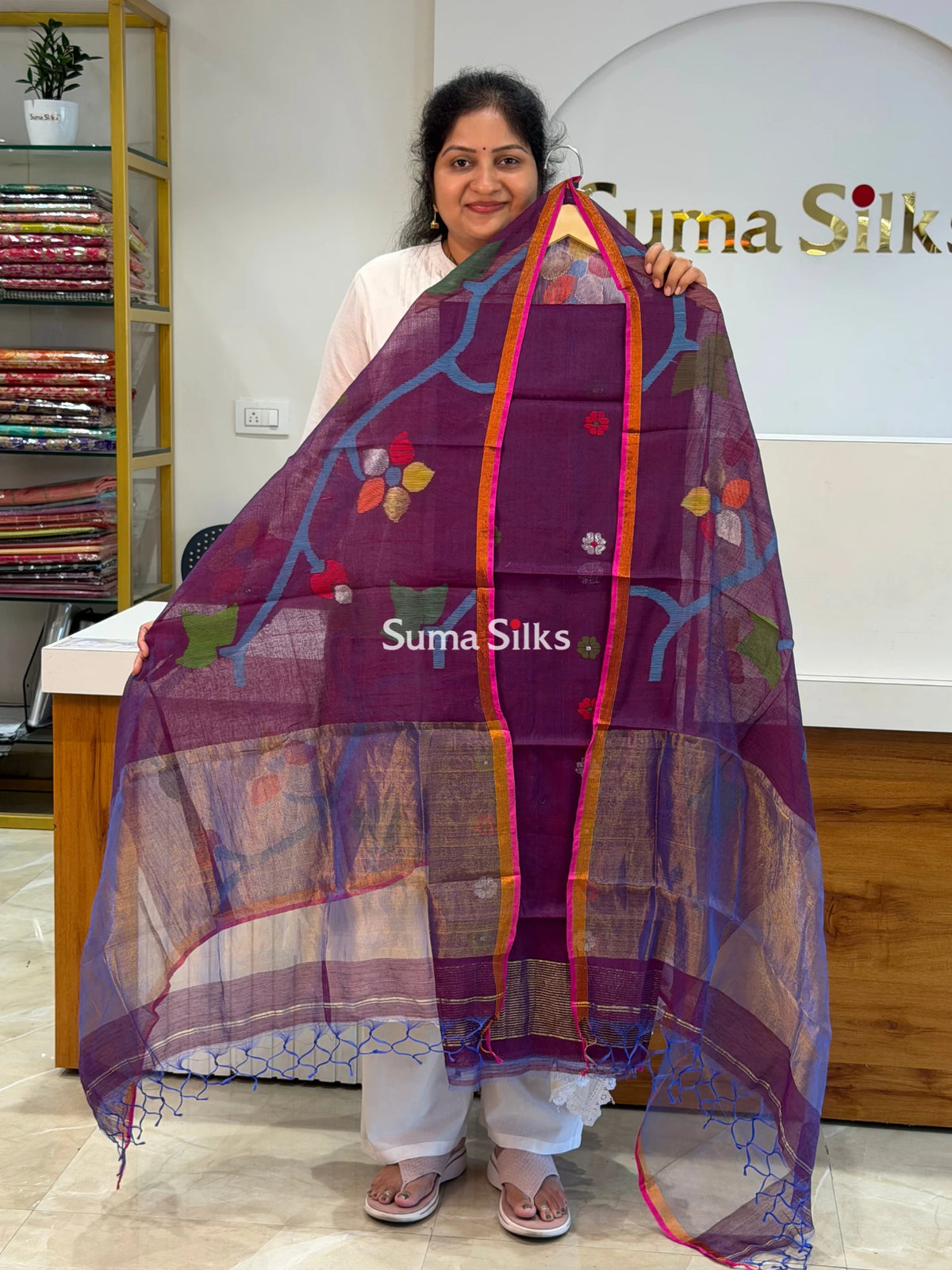 Muslin Jamdani Allover Floral Dupatta Purplish Wine SSS1529-6