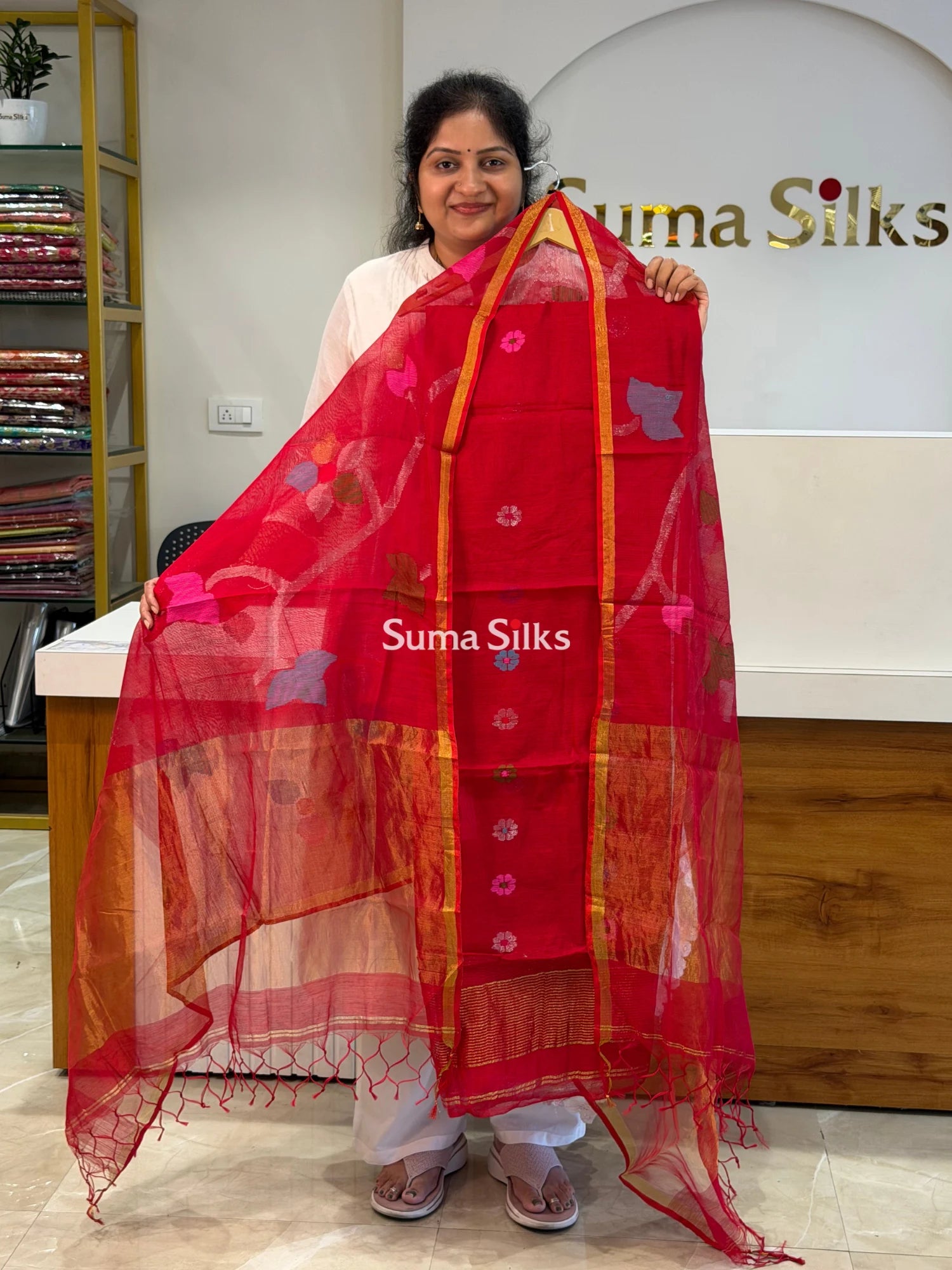 Muslin Jamdani Allover Floral Dupatta Red SSS1529-8