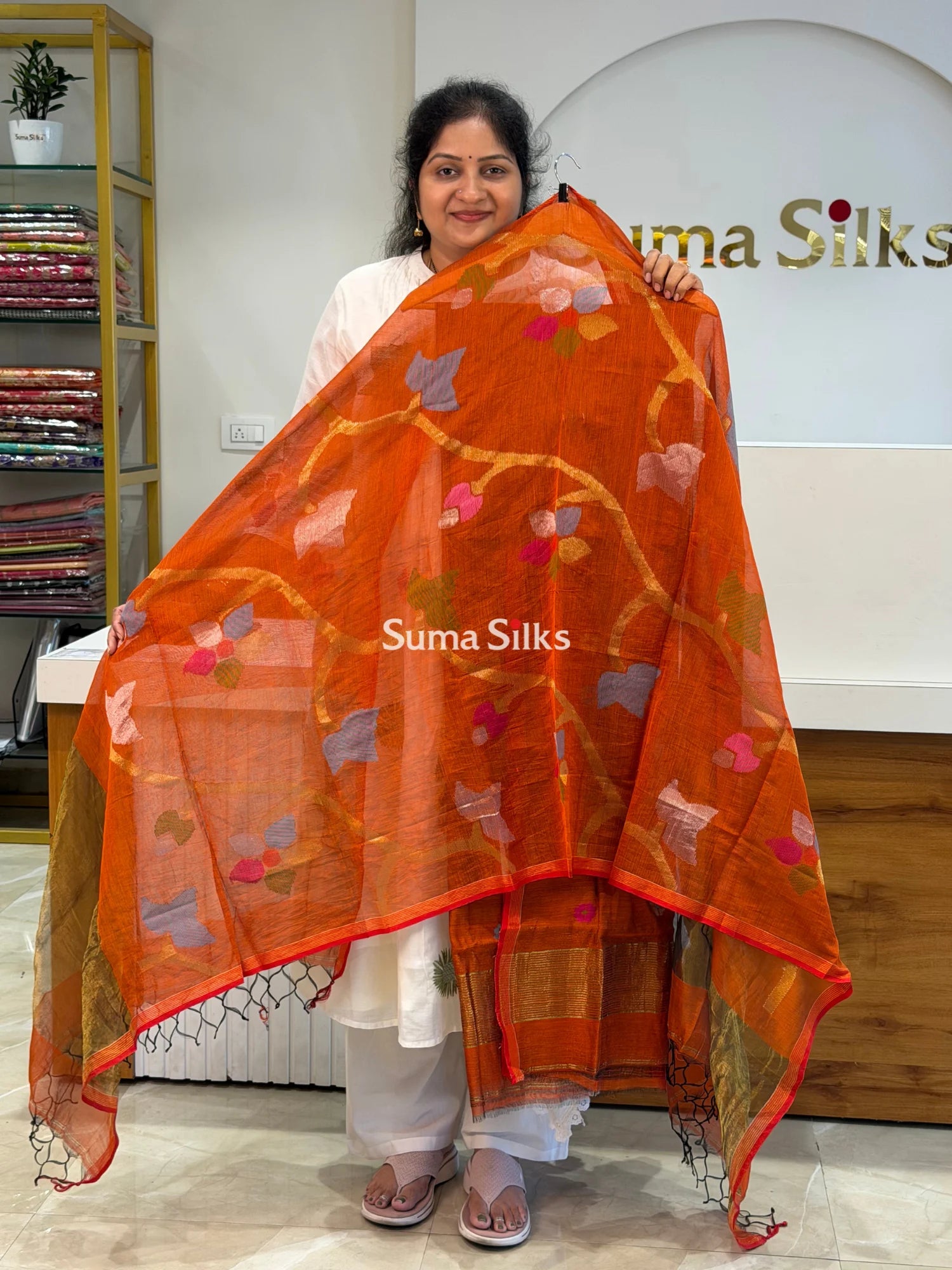 Muslin Jamdani Allover Floral Dupatta Rust SSS1529-12