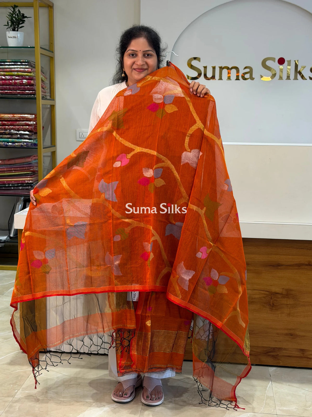 Muslin Jamdani Allover Floral Dupatta Rust SSS1531-1