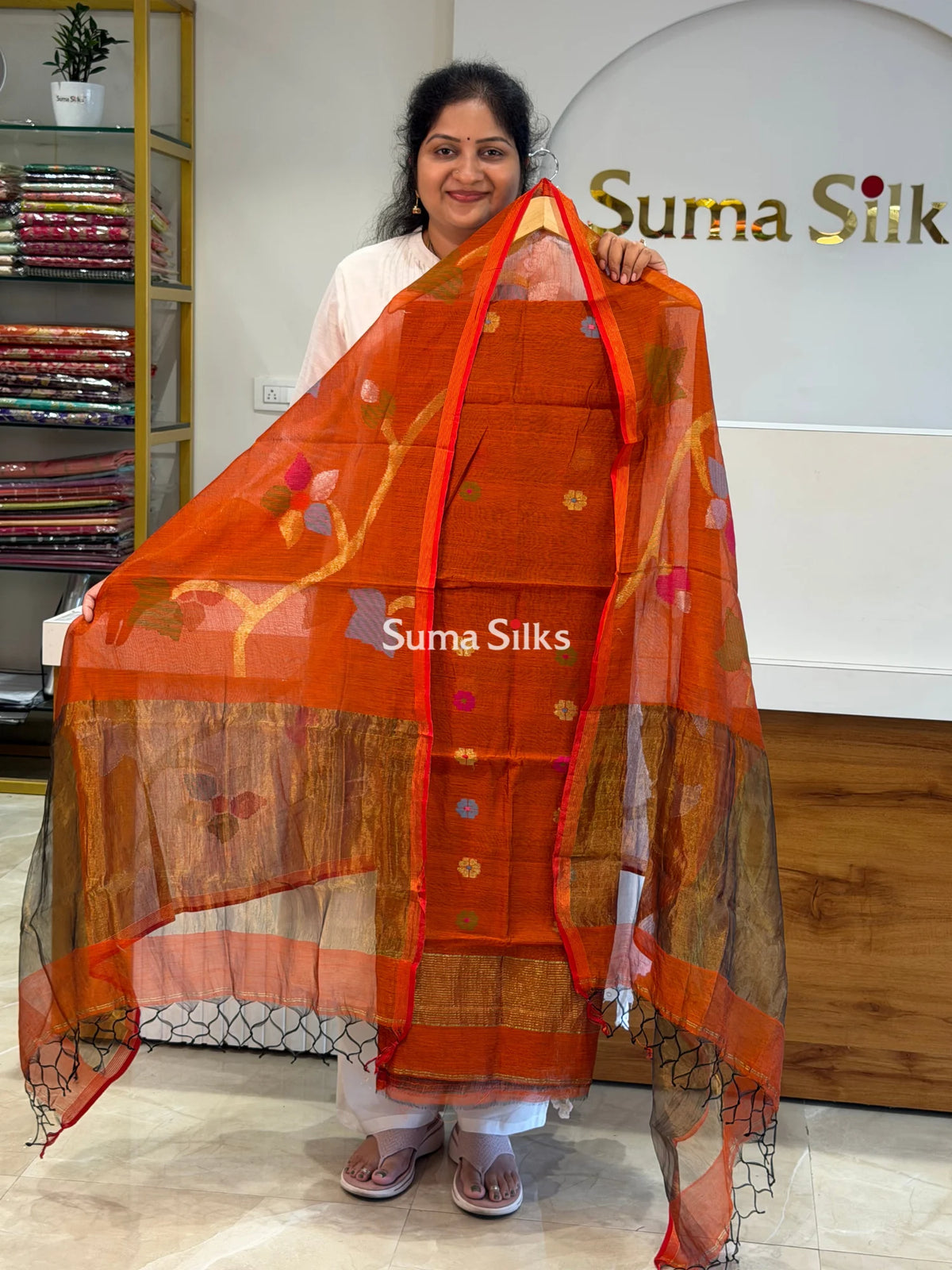 Muslin Jamdani Allover Floral Dupatta Rust SSS1529-12