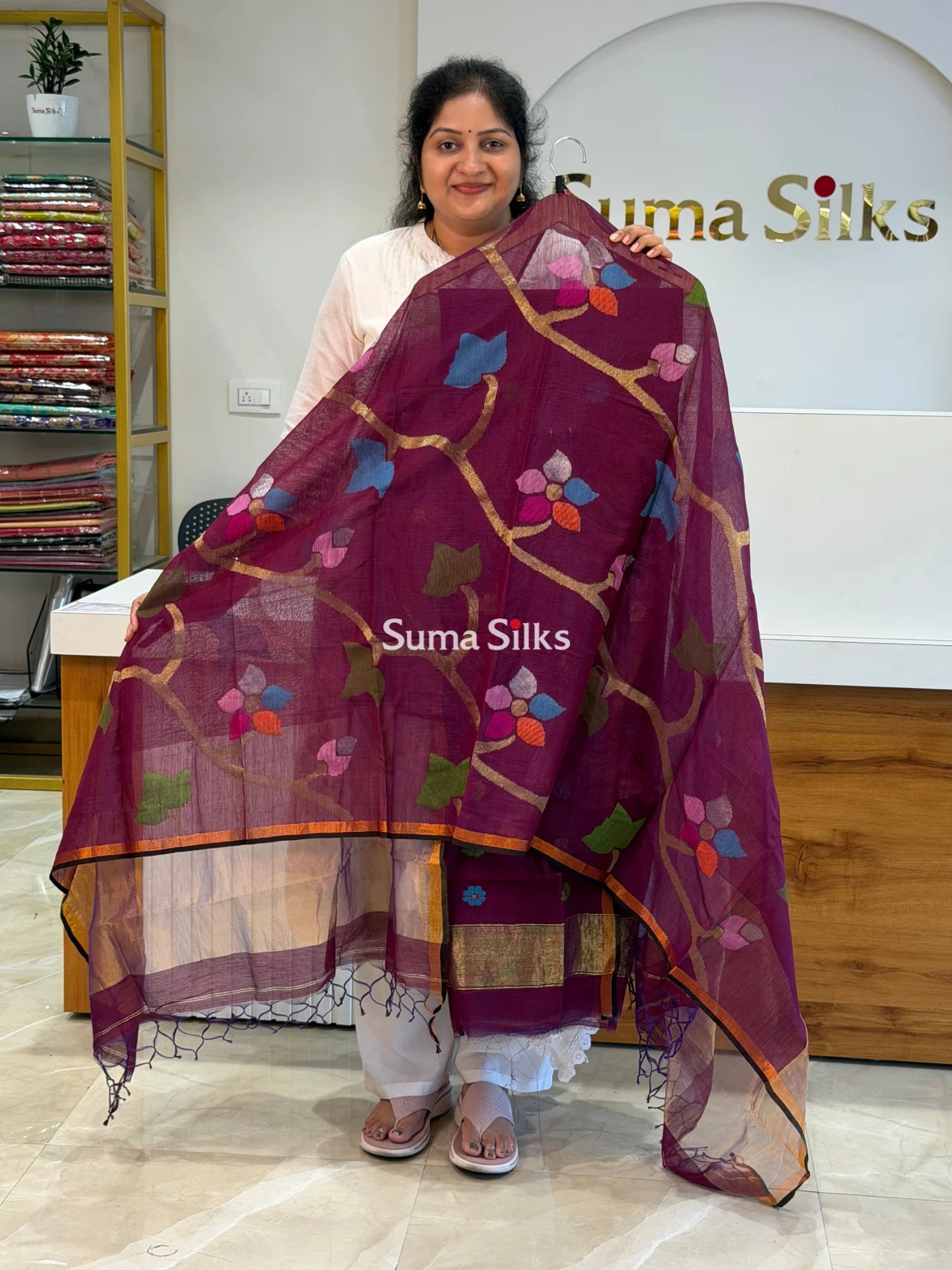 Muslin Jamdani Allover Floral Dupatta Wine SSS1529-5