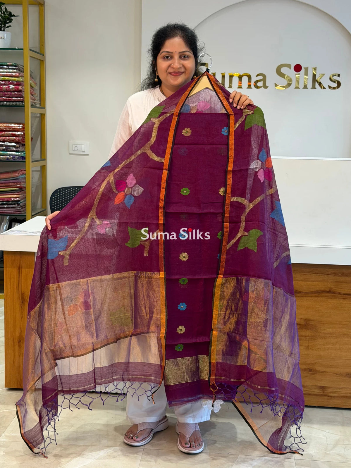 Muslin Jamdani Allover Floral Dupatta Wine SSS1529-5