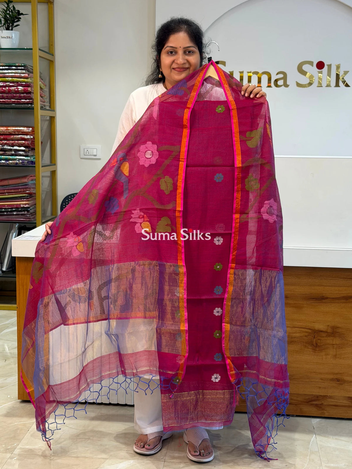 Muslin Jamdani Allover Flower Motifs Top with Birds Dupatta Magenta