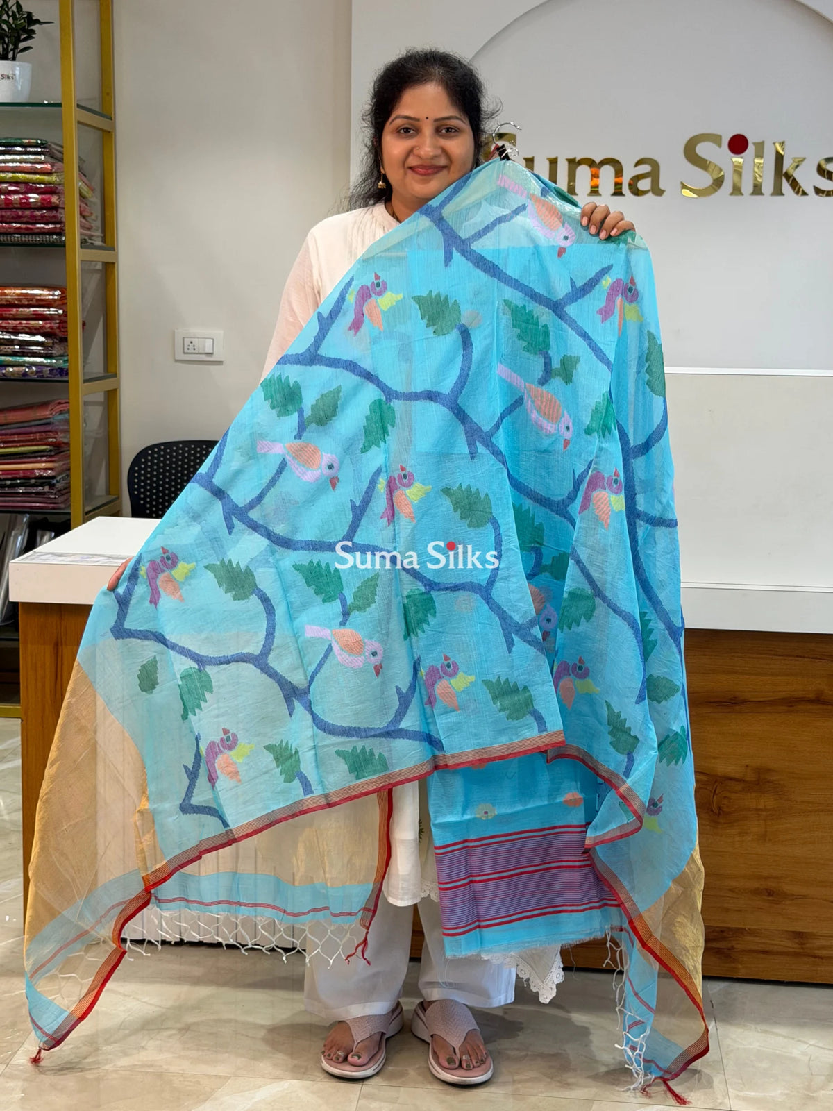Muslin Jamdani Allover Flower Motifs Top with Birds Dupatta Sky Blue