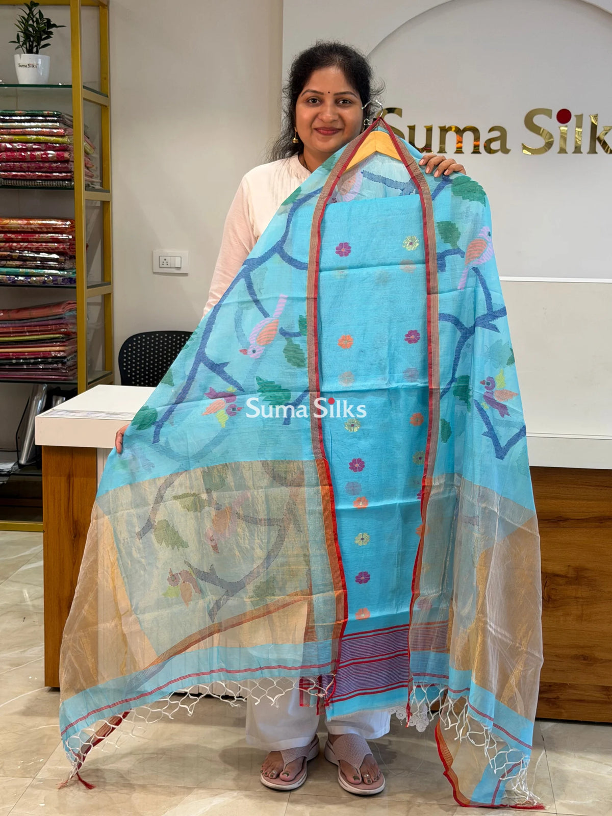 Muslin Jamdani Allover Flower Motifs Top with Birds Dupatta Sky Blue