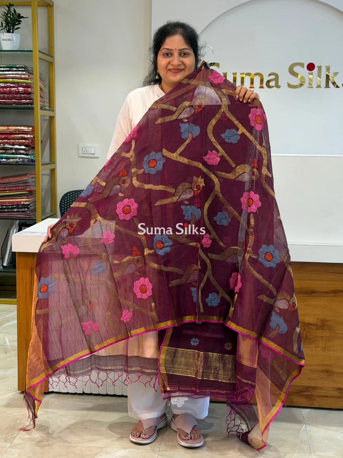 Muslin Jamdani Allover Flower Motifs Top with Birds Dupatta Wine